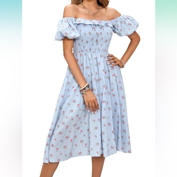 R. Vivimos Blue Floral Peasant Midi Dress - Picture 1 of 7